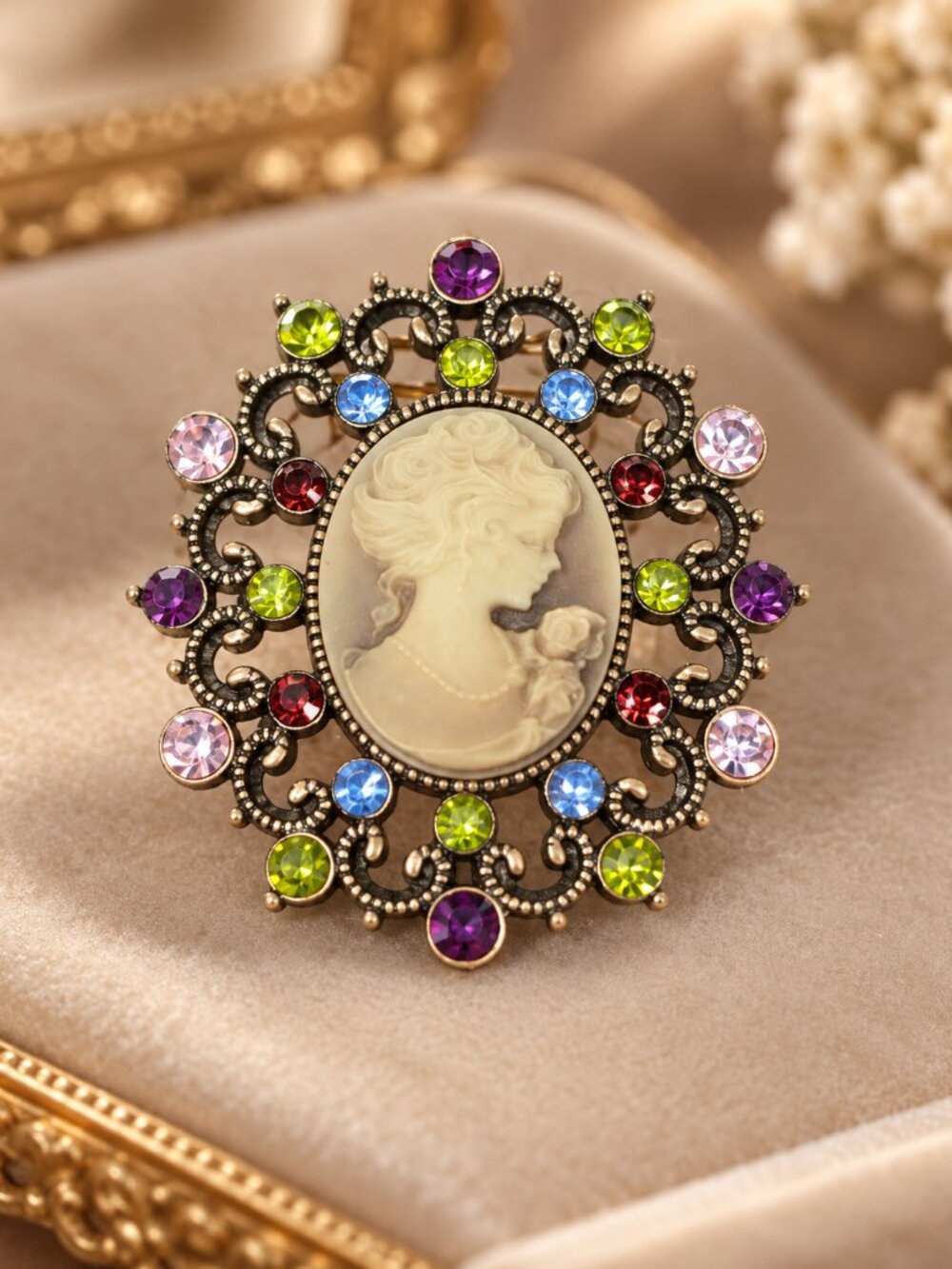 vintage Cameo with multi color crystal stud copper color finish brooch pin